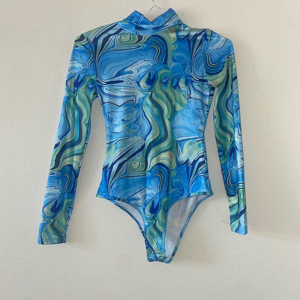 Women’s Blue Marble Turtleneck Bodysuit